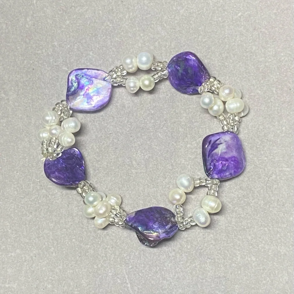 Freshwater Pearl & Purple Dyed Mother Of Pearl Handmade Stretch Bracelet - Picture 1 of 5